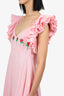 Fann Mon Pink Linen Rose Embroidery Ruffle Sleeve Maxi Dress Size S