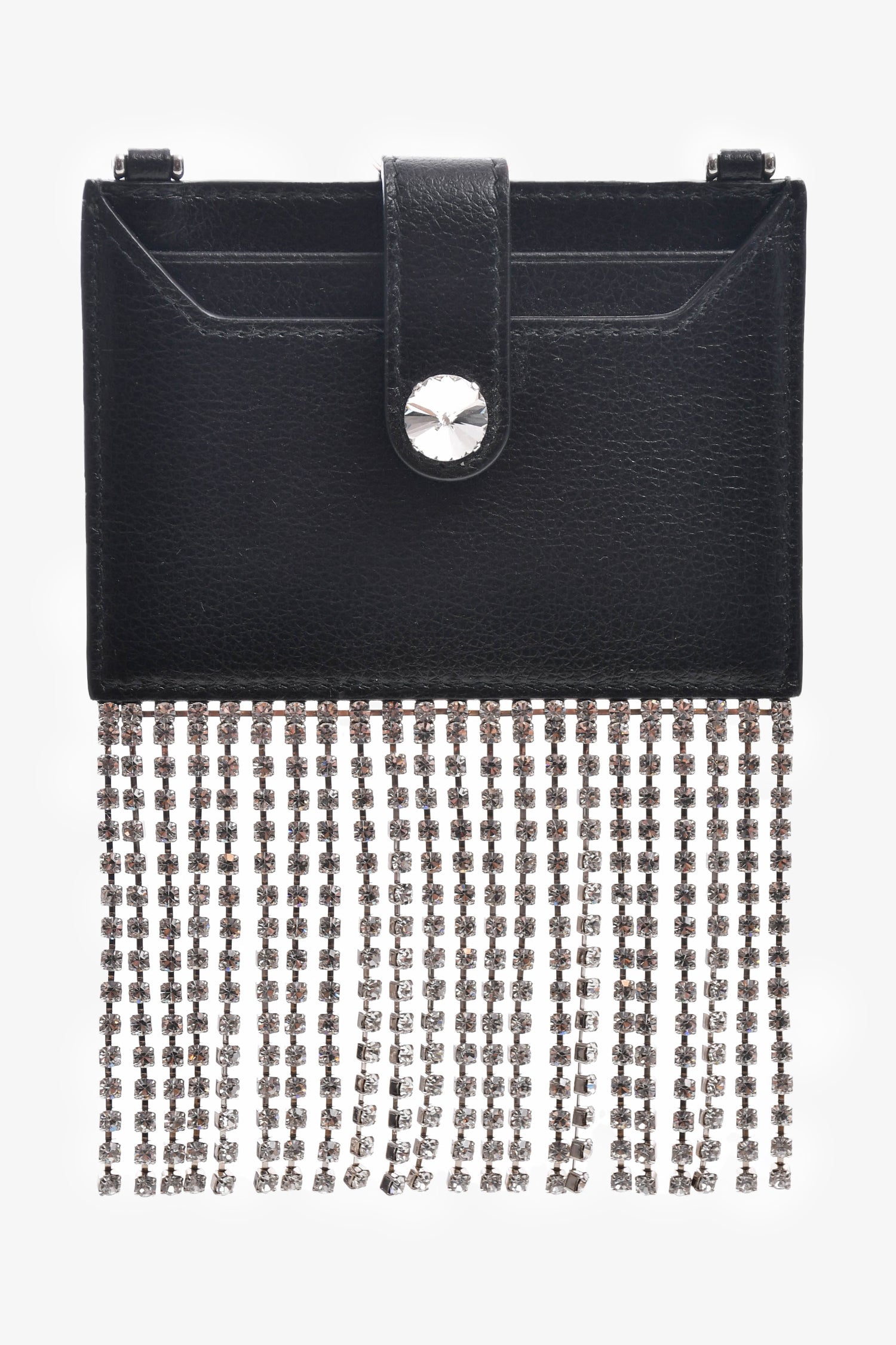 Miu Miu Black Leather Crystal Embellished Fringe Card Holder With Chain