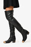 Pre-Loved Chanel™ Black Leather Over the Knee 'Dallas' Gold Cap Toe Boots Size 36.5