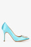 Manolo Blahnik Blue Satin Faux Pearl Embellished Hangisi Heels Size 37.5