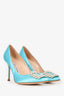 Manolo Blahnik Blue Satin Faux Pearl Embellished Hangisi Heels Size 37.5