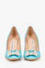 Manolo Blahnik Blue Satin Faux Pearl Embellished Hangisi Heels Size 37.5