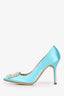 Manolo Blahnik Blue Satin Faux Pearl Embellished Hangisi Heels Size 37.5