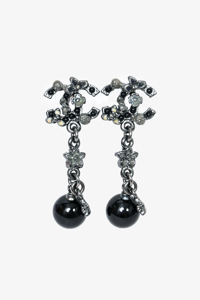 Pre Loved Chanel Black Tone Crystal CC Faux Pearl Drop Earrings