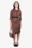 Alberta Ferretti Brown Pleated 3/4 Sleeve Jacket + Midi Skirt Size 2 Set