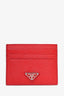 Prada Red Saffiano Leather Card Holder with Logo Plaque