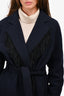 Maje Navy Blue Wool Blend Fringe Trim Wrap Coat Size 2