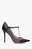 Salvatore Ferragamo Grey/Black Wool/Leather Pointed T-Strap Heels Size 9.5