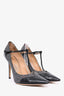 Salvatore Ferragamo Grey/Black Wool/Leather Pointed T-Strap Heels Size 9.5