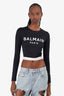 Balmain Black/White Logo Print Long Sleeve Cropped Top Size 38