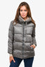 Max Mara Grey Quilted Down 'The Cube' Coat with Fur Lined Hood Size US 2