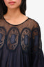 Chloe Navy Blue Cotton Eyelet Lace Blouse with Beige Slip Size 38