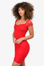 Wolford Red Sheer Cap Sleeve Ruched Midi Dress Size S