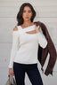 Safiyaa White Ribbed Knit Cut-out Long Sleeve Top Size Large