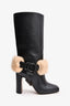 Off-White Black Leather Shearling Embellished 'For Riding' Heeled Boots Size 36