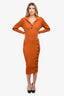 Self-Portrait Burnt Orange Knit V-Neck Button Detail Collared Midi Dress Size M