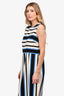 Dolce & Gabbana White/Black/Blue Striped Silk Sleeveless Midi Dress Size 50