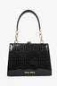 Miu Miu 2015 Black Croc Embossed Leather Crystal Embellished 'Solitaire' Bag with Strap