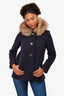 Sandro Navy Wool Fur Hood Twist Toggle Peacoat Size 36