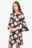 Valentino Black/Pink Floral Virgin Wool/Silk Flared Sleeve Shift Dress Size 42