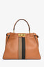 Fendi Brown Leather Canvas Striped Peekaboo Top Handle with Canvas Strap