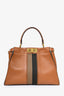 Fendi Brown Leather Canvas Striped Peekaboo Top Handle with Canvas Strap