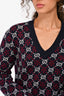 Gucci Navy/Burgundy Wool GG Monogram V-Neck Sweater Size S