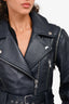 Veronica Beard Blue 'Dylan' Leather Jacket with Detachable Sleeves Size 2