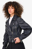 Veronica Beard Blue 'Dylan' Leather Jacket with Detachable Sleeves Size 6