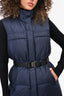 Prada Navy Blue Cinched Waist Puffer Vest with Black Belt Size 42