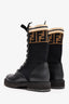 Fendi Black Leather Zucca Stretch Knit Combat Boots Size 35