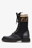 Fendi Black Leather Zucca Stretch Knit Combat Boots Size 35