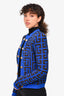 Balmain Blue Metallic Monogram Jacquard Cardigan Sweater with Shoulder Pads Size 34