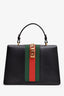 Gucci Black Leather Web Detail Sylvie Top Handle With Strap