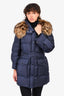 Prada Navy Down Belted Puffer Jacket With Fox Fur Hood Size 42