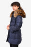 Prada Navy Down Belted Puffer Jacket With Fox Fur Hood Size 42