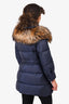 Prada Navy Down Belted Puffer Jacket With Fox Fur Hood Size 42