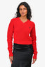 Prada 2022 Red Logo Embroidered V Neck Cropped Sweater Size 40