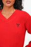 Prada 2022 Red Logo Embroidered V Neck Cropped Sweater Size 40