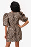 Ganni Leopard Print Puff Sleeve V-Neck Mini Dress Size 40