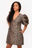 Ganni Leopard Print Puff Sleeve V-Neck Mini Dress Size 40