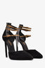 Saint Laurent Black Suede Gold Tri-Strap Buckle Heels Size 36