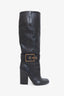 Gucci Black Leather Gold Buckle Knee High Heeled Boots Size 37