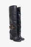 Gucci Black Leather Gold Buckle Knee High Heeled Boots Size 37