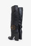 Gucci Black Leather Gold Buckle Knee High Heeled Boots Size 37