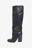 Gucci Black Leather Gold Buckle Knee High Heeled Boots Size 37