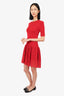 Louis Vuitton Red Wool Ribbed Short Sleeve Lace Dress Size M