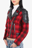 Moose Knuckles Red/Black Wool/Leather Plaid Biker Jacket Size S