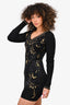 Roberto Cavalli Black/Gold Patterned Knit Sleeve V-Neck Dress Est. Size S