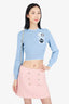 Miu Miu Blue Knit Long-Sleeve Cropped Logo Sweater Size 36